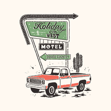 car illustration old graphic desert design cactus badge motel vintage cactus logo western