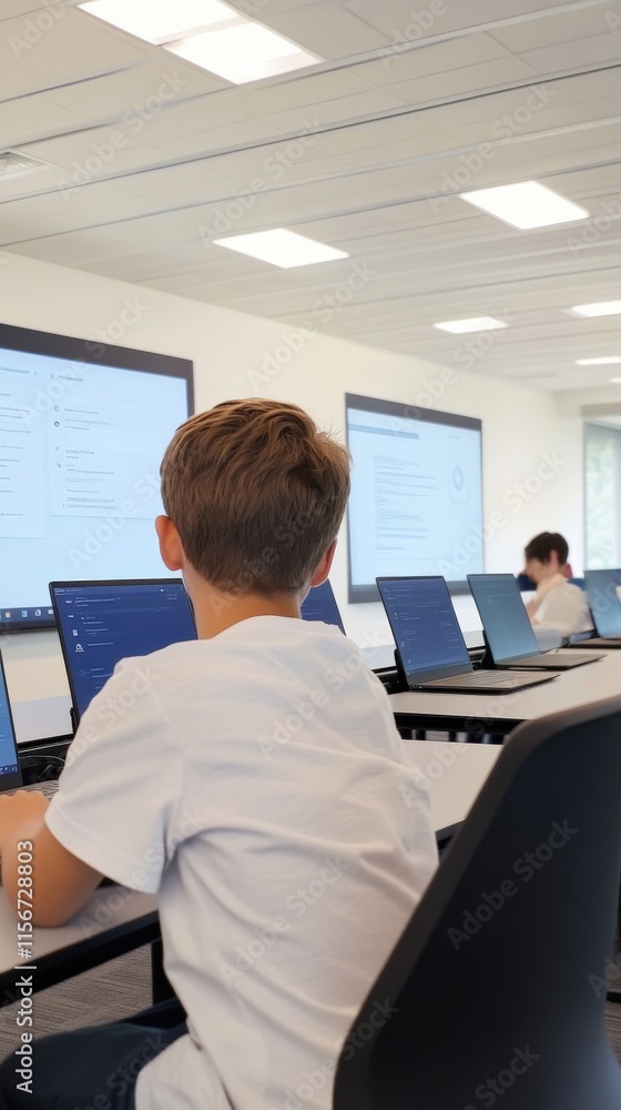 Aufkleber focused students engaged in learning with computers in modern classroom setting featuring large scre