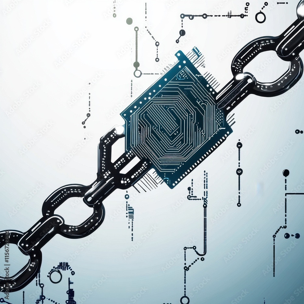 Poster a futuristic representation of a digital chain link integrated with a microchip, symbolizing blockch
