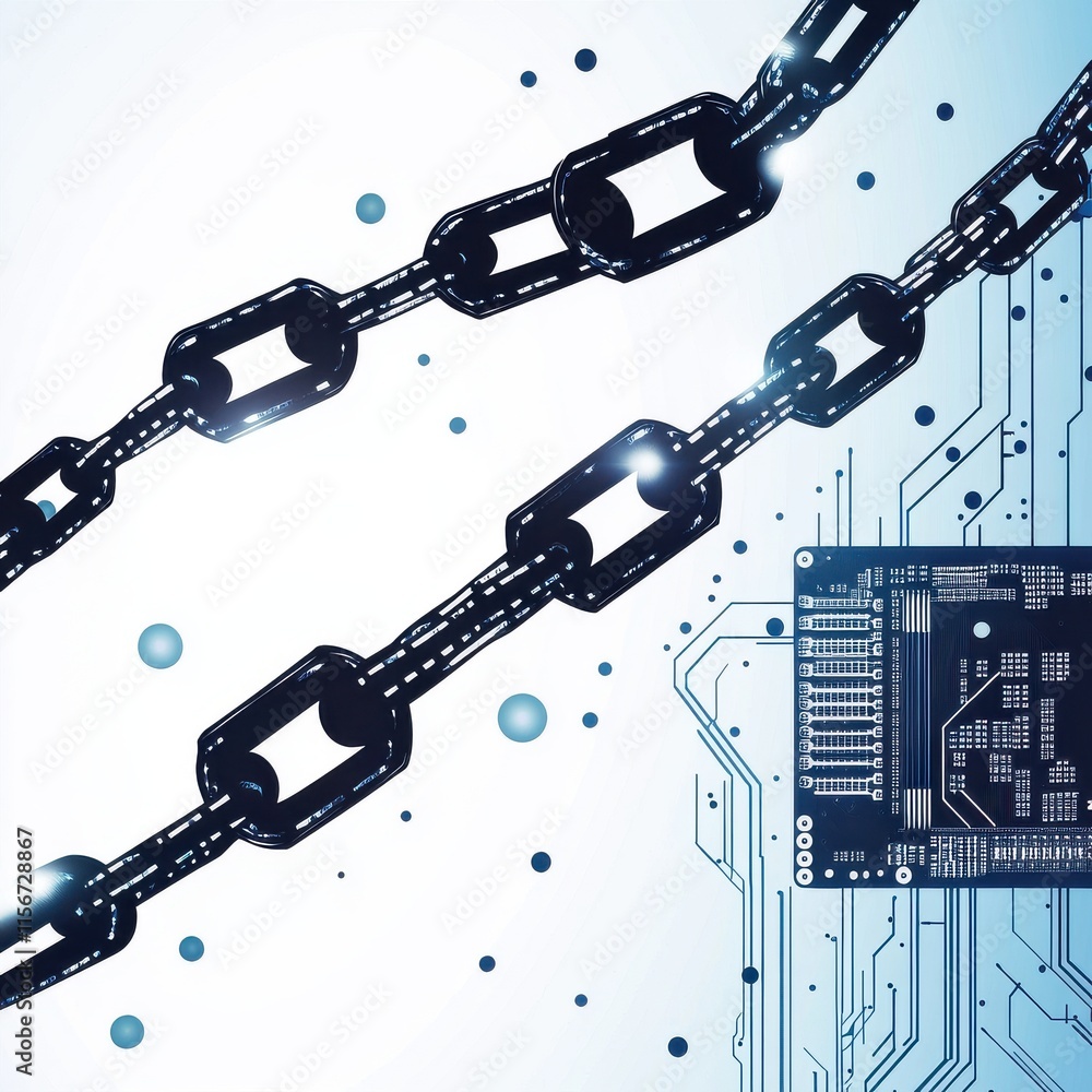 Poster a close-up of a digital chain link against a circuit board backdrop, symbolizing blockchain technolo