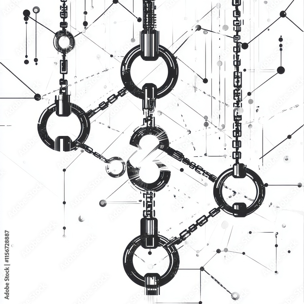 Poster abstract black and white digital art depicting chains and nodes, symbolizing connection and data flo