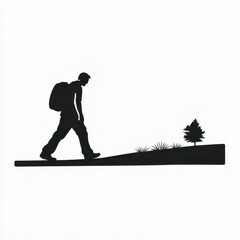 A minimalist silhouette of a lone traveler walking along a quiet road, carrying a backpack, with faint outlines of distant trees and gradient skies symbolizing solitude and adventure. 