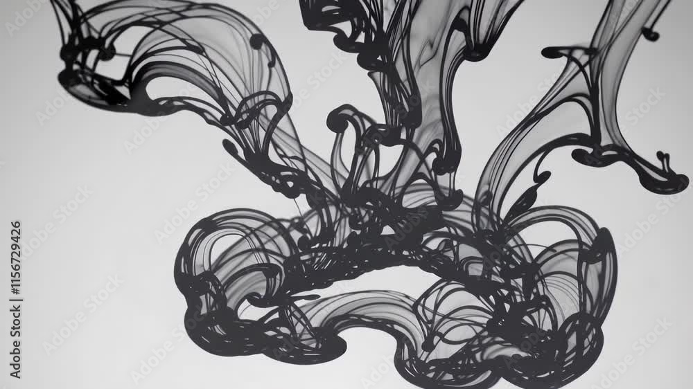 Poster flowing black ink creating intricate swirls in a liquid on a light background