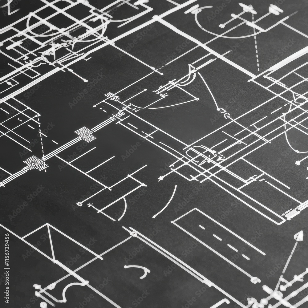 Poster abstract architectural blueprint with detailed white lines on a dark background, showcasing intricat