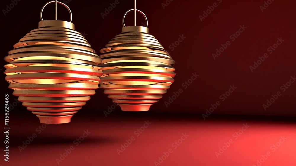 Poster beautifully illustrated 3d image of red and gold lanterns with intricate swirling accents set agains