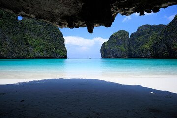 The cliff juts out into Maya Bay.March 29, 2022