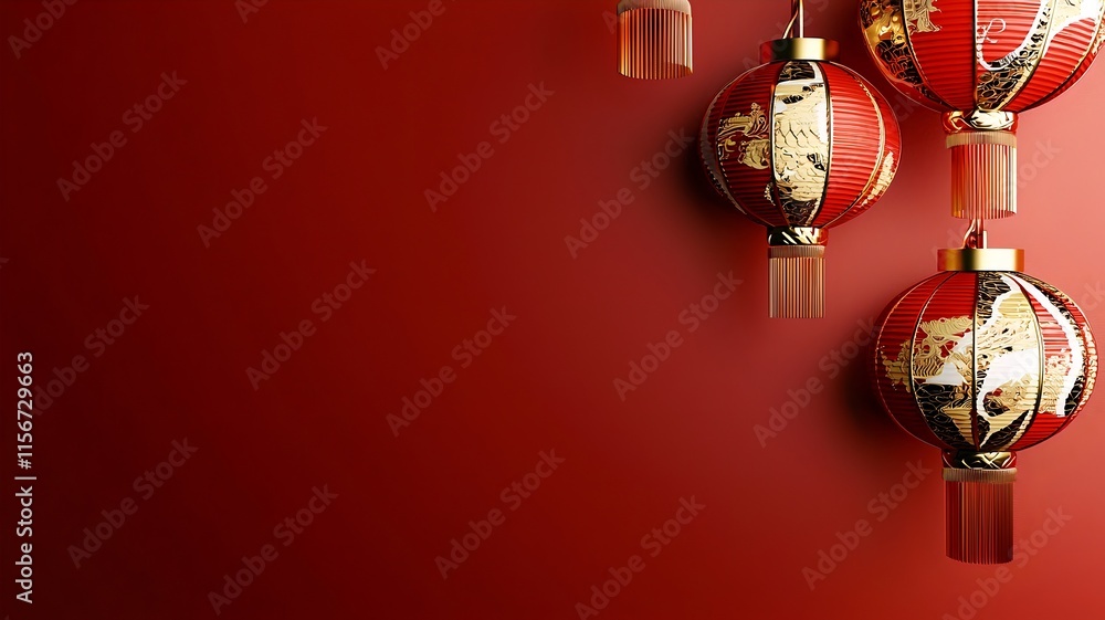 Poster elegant red and gold lanterns with swirling accents on a gradient background creating a modern and f