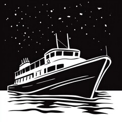 Fototapeta premium A striking silhouette of a boat gliding across a calm sea under a starry night sky.
