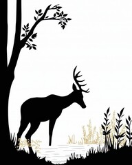 A serene silhouette of a deer drinking from a forest stream, framed by faint patterns of trees and soft golden gradients, evoking calmness and connection to nature. 