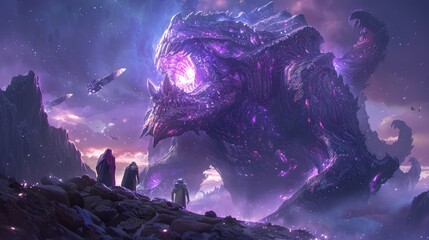 A colossal, cosmic creature towers over a mystical landscape, evoking awe and wonder.