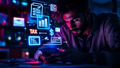 Naklejka premium Concentrated young Hispanic man analyzing financial data with calculator and digital overlay.