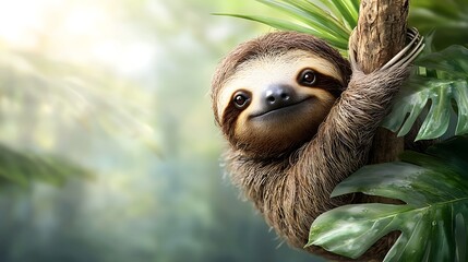 Fototapeta premium Watercolor animal sloth climbing tree in lush jungle nature illustration tranquil environment