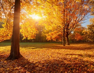 Autumn forest background. Vibrant color tree, red orange foliage in fall park. Nature change Yellow leaves in october season Sun up in blue heart shape sky Sunny day weather, bright light banner frame
