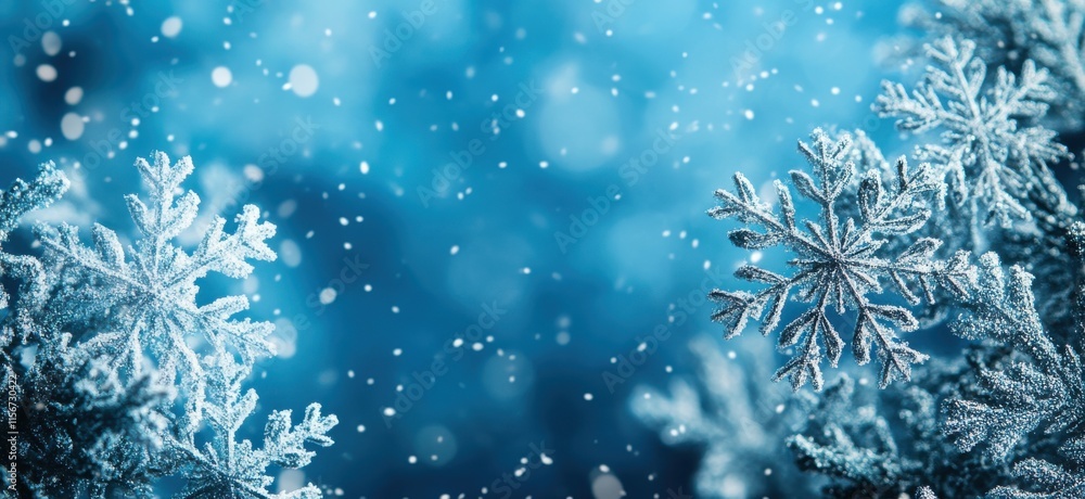 Poster beautiful frosted snowflakes on a blue background with sparkling snowfall creating a magical winter 