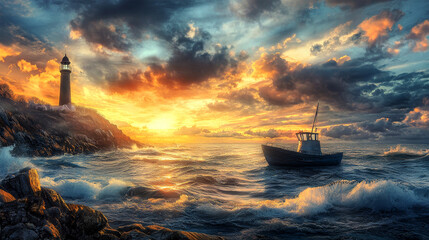 Naklejka premium Majestic lighthouse at sunset illuminates coastal waves and distant fishing boat under a vibrant sky