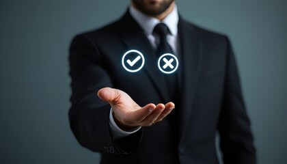 Businessman in a suit making decisions with check and cross symbols in hand.