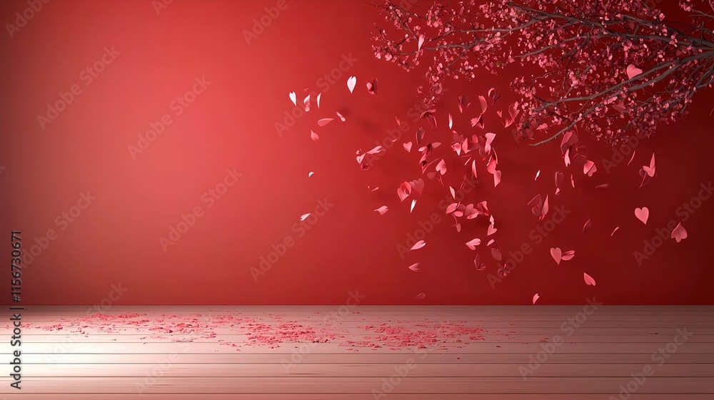 Poster captivating 3d featuring vibrant cherry blossoms against a glowing red backdrop with a reserved text