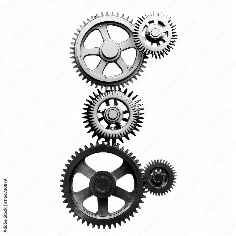 Poster a collection of metal gears arranged in a vertical pattern, showcasing intricate design and varying 