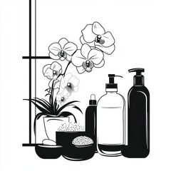 Elegant black and white still life featuring a potted orchid and various skincare bottles.