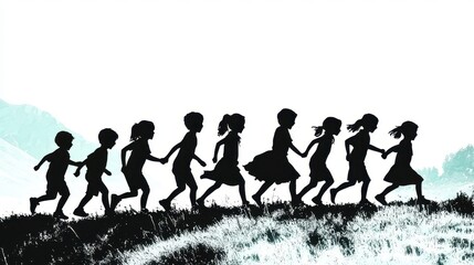 A silhouette of a small group of children playing tag in an open field, their movements dynamic and framed by faint rolling hills and a soft sunset gradient, symbolizing joy and freedom. 