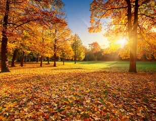 Obraz premium Autumn forest background. Vibrant color tree, red orange foliage in fall park. Nature change Yellow leaves in october season Sun up in blue heart shape sky Sunny day weather, bright light banner frame
