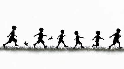 Obraz premium A silhouette of a small group of children playing tag in an open field, their movements dynamic and framed by faint rolling hills and a soft sunset gradient, symbolizing joy and freedom. 