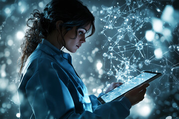 Nurse utilizing advanced technology to analyze patient data amidst a backdrop of digital connections and molecular structures