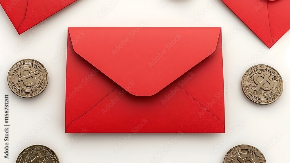 Poster elegant 3d of red envelopes and gold coins on a minimalist backdrop providing a blank text field for