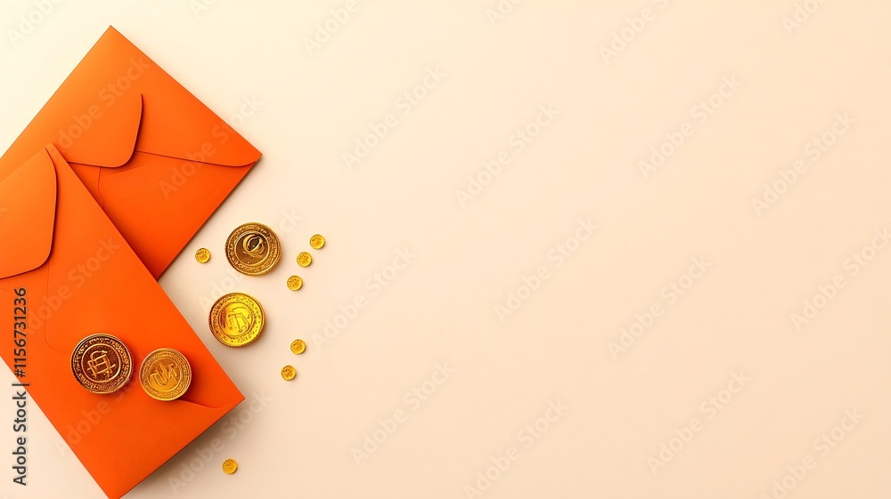 Poster festive red envelopes and golden coins on minimalist backdrop with blank text field for celebrating 