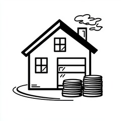 A simple black and white illustration of a house with stacks of coins nearby, symbolizing real estate investment.