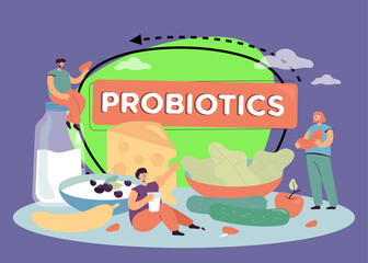 Fototapeta premium Tiny people on probiotic diet vector illustration. Woman drinking yogurt useful for gut, man with seed and lady with nut eating organic food: vegetables and fruits. Diet and health concept