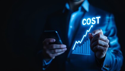Businessman analyzing cost trends with a smartphone and data graphics.