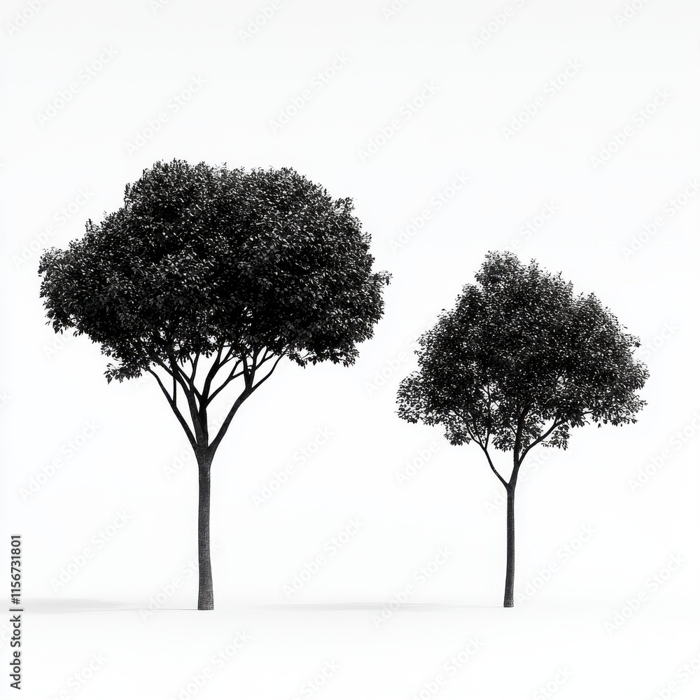 Poster two distinct trees standing side by side, showcasing uniqueness in size and shape against a minimali