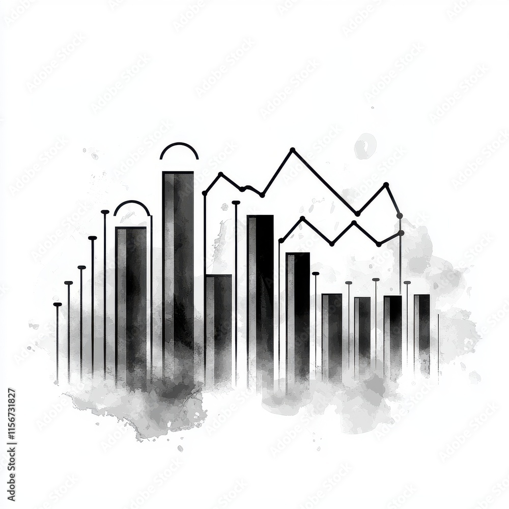 Aufkleber abstract black and white infographic with bar and line charts representing data trends and analysis.