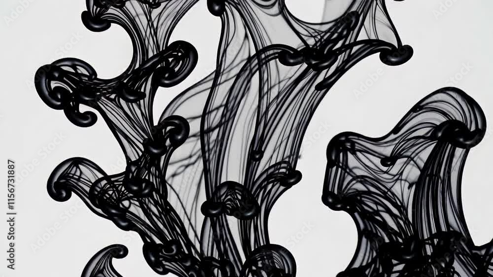 Poster flowing black ink creating intricate swirls in a liquid on a light background