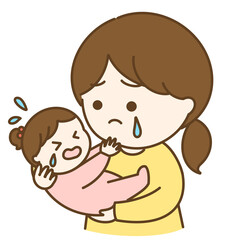 泣く赤ちゃんとまとめ髪のお母さんのイラスト
