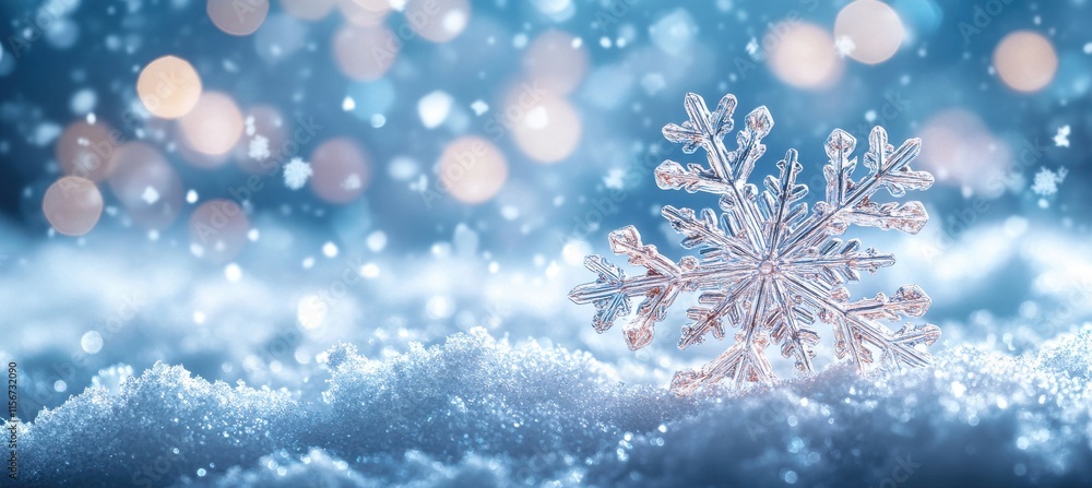 Aufkleber beautiful snowflake on a soft snowy surface with sparkling bokeh background creating a magical winte