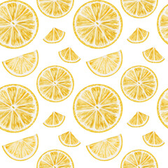 round lemon slices. Juicy citrus fruit cut into pieces. Seamless pattern without background. Watercolor illustration. Yellow and white natural colors. Boltanic image