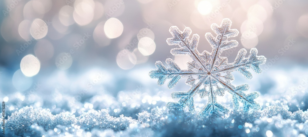 Poster Beautiful Snowflake on Soft Snowy Surface with Glittering Bokeh Background Capturing the Essence of Winter and the Magic of Nature's Design in a High-Resolution Stock Image