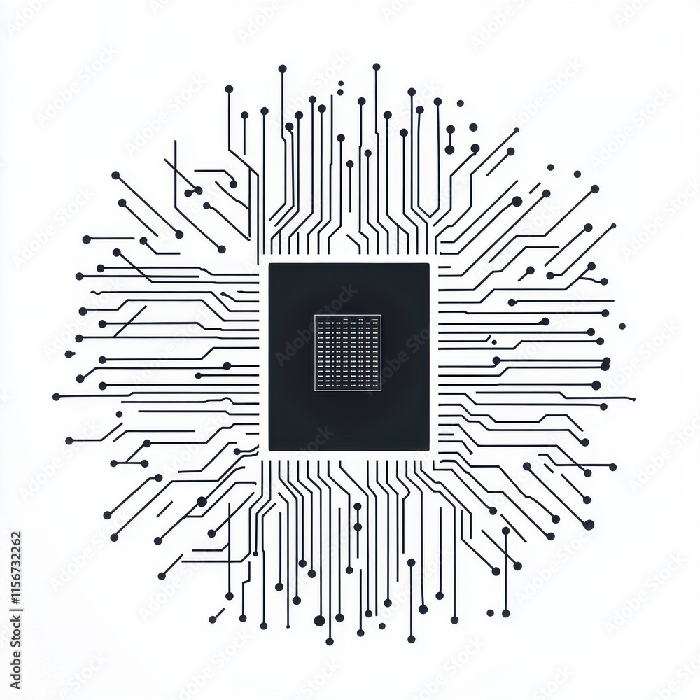Poster a close-up view of a microprocessor with intricate circuit patterns radiating outward, showcasing te