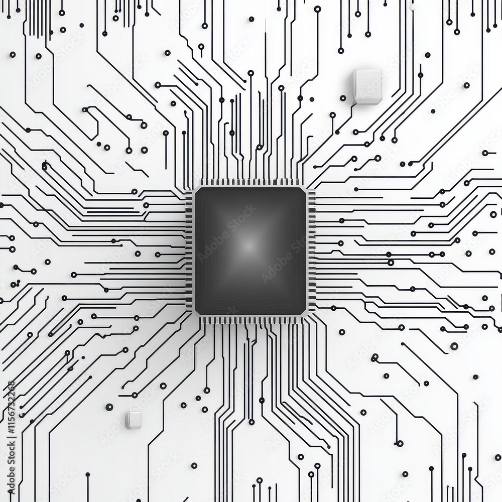Poster a close-up of a black microchip surrounded by intricate circuit lines, representing technology and i