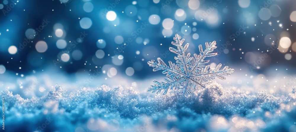 Poster beautiful snowflake on soft snowy surface with sparkling background, capturing the magic of winter, 