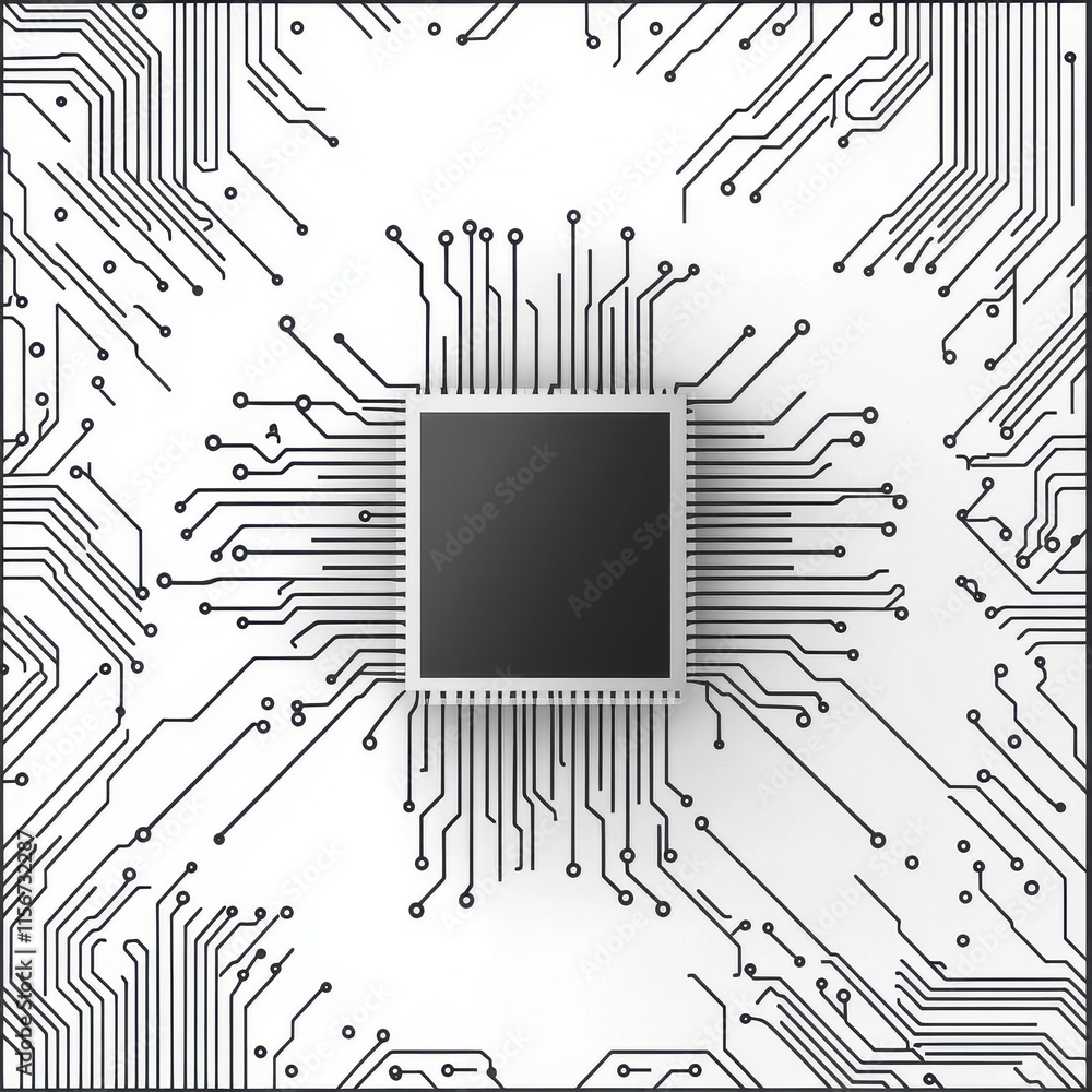 Poster a close-up of a microchip with intricate circuit patterns radiating outward, symbolizing technology 