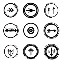 Set of black and white arrow icons in round shapes for directional signage or graphic design.