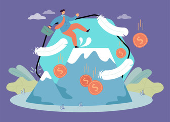 Businessman making mistake, falling down from top of mountain. Careless man losing money because of fail in business flat vector illustration. Bankruptcy warning, risk of financial accident concept