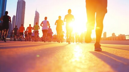A diverse group of runners starts their morning workout in a sunlit city park, full of energy and support