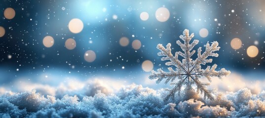 Naklejka premium Beautiful snowflake on white snow surface surrounded by gentle falling snow with bokeh effect, creating a serene winter atmosphere and magical landscape