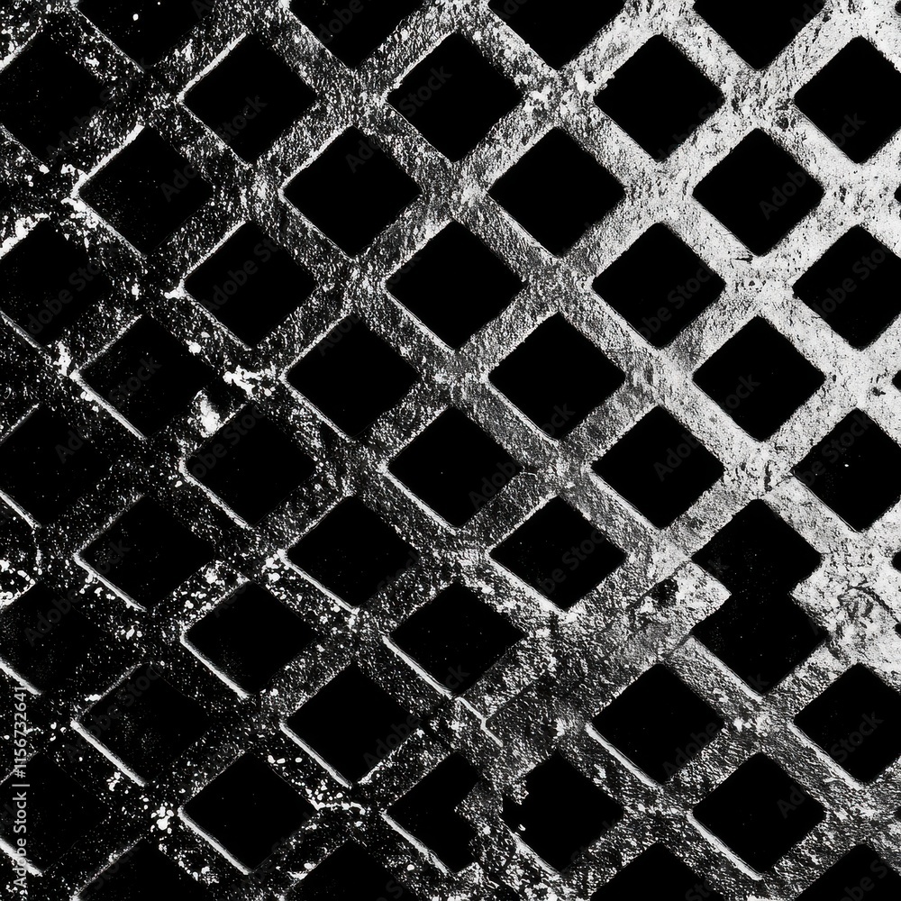 Poster abstract black and white image of a textured metal grid with a diagonal pattern.