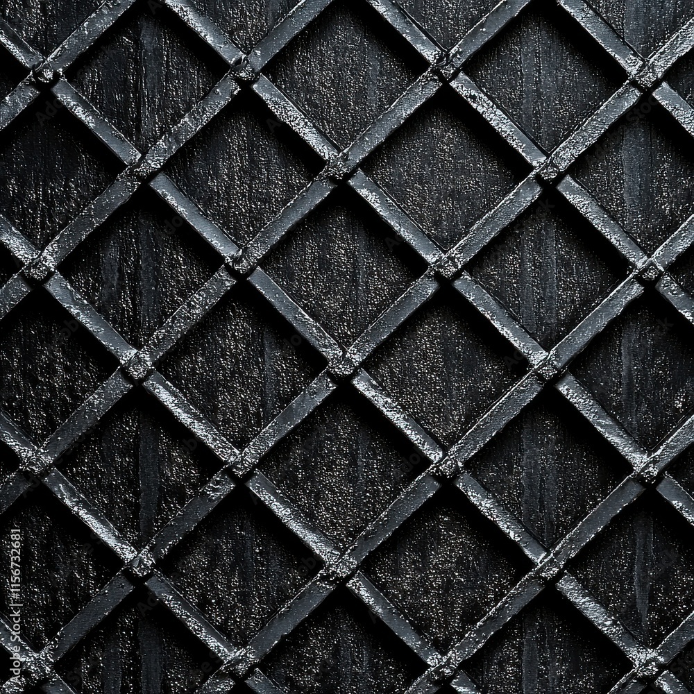 Poster a textured black metal lattice with a geometric pattern, creating a striking visual for modern desig