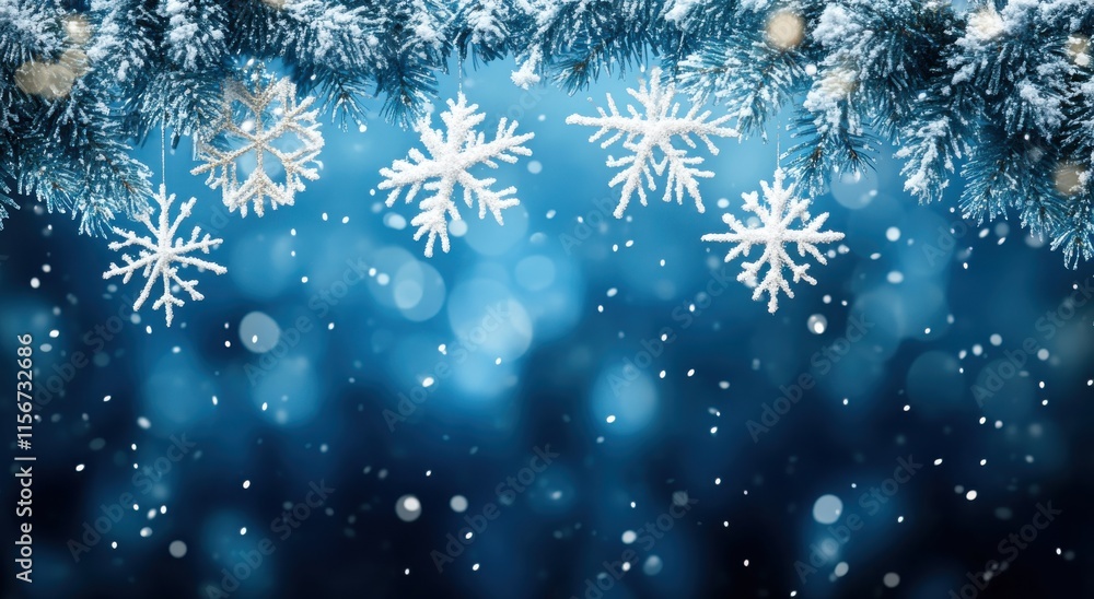Poster beautiful snowflakes hanging from a frosty pine tree with a soft blue background creating a magical 
